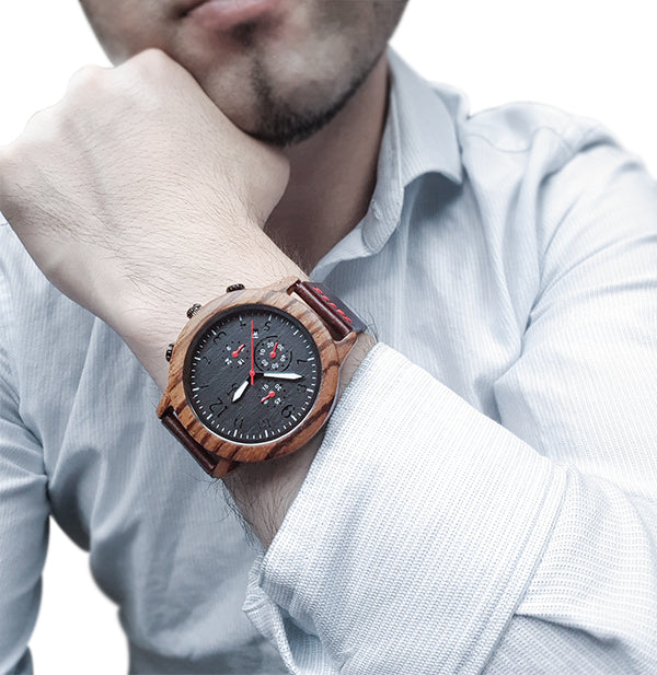 Man wearing classy wooden watch from Urban Designer.