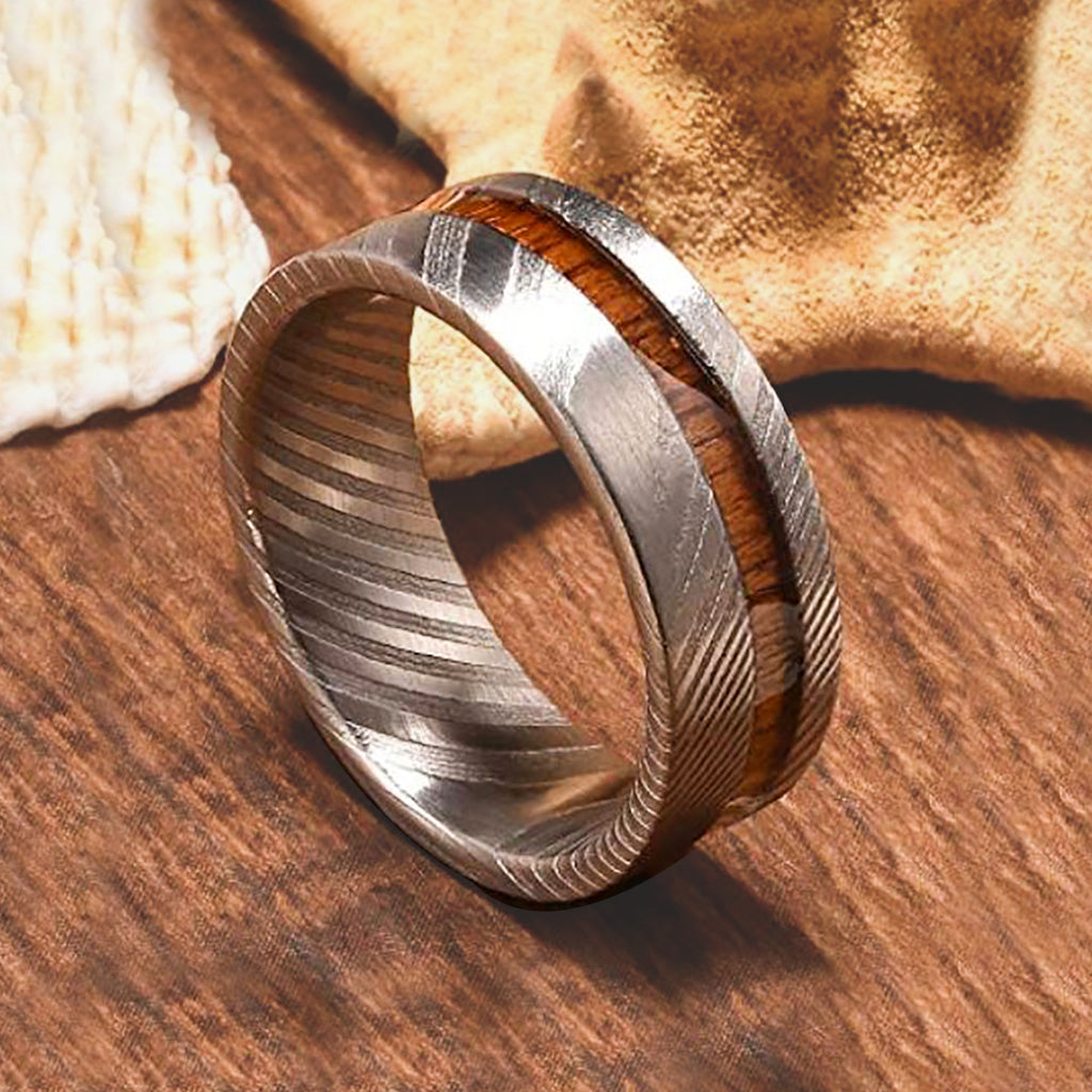 Metal Patterned Rings Urban Designer Mens Wedding Band with Koa Wood Inlay and Damascus Steel ...