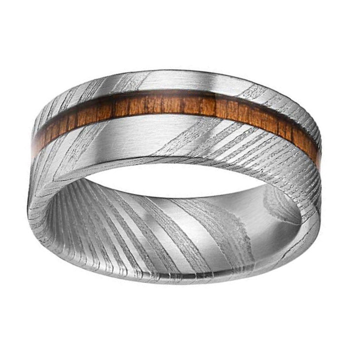 8mm Mens Wedding Band with Koa Wood Inlay and Damascus Steel Ring | Urban Designer 12.5