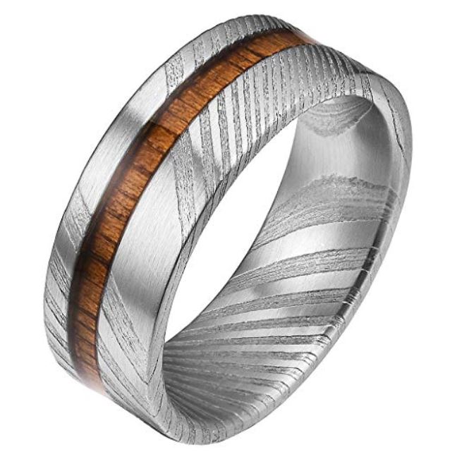 Unique Mens Wedding Bands Damascus Steel with Bubinga Wood Inlay Design | Urban Designer 8