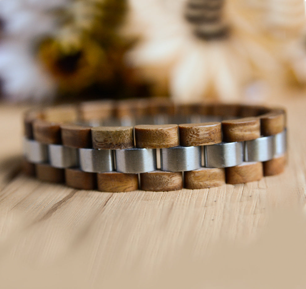 Wooden Bracelet Stylish Wood & Stainless Steel Combined Wooden Bangle