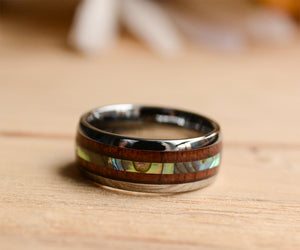 Mens Wedding Rings 8mm Abalone Shell and Wood Inlay Tungsten Wood Band