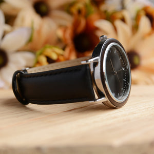 Minimalist stainless steel in silver dark wooden watch with black Leather band