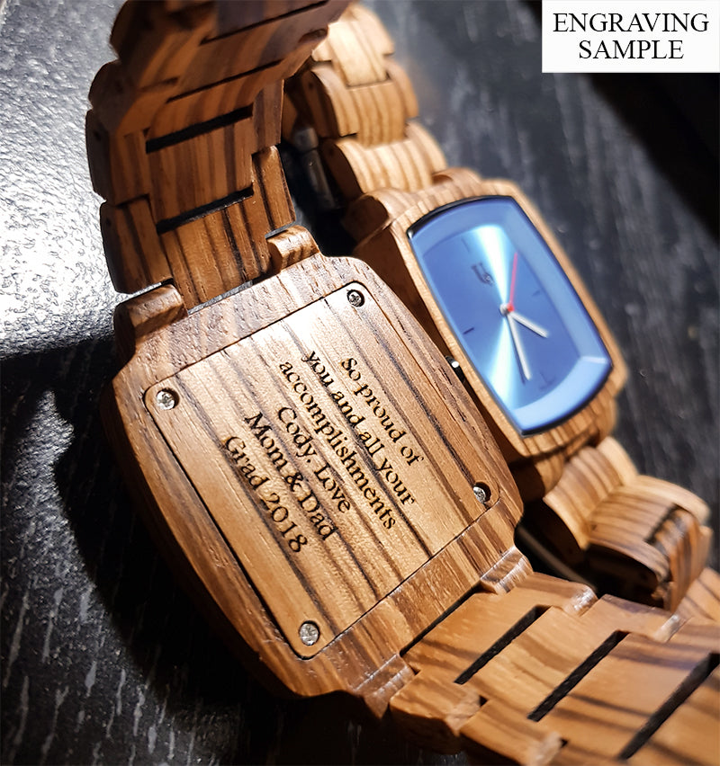A wooden engraved watch used as a gift for son from Urban Designer.