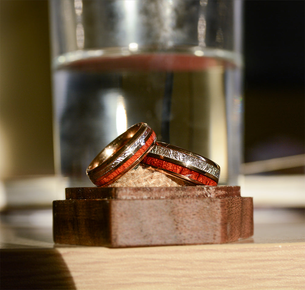 Match His and Hers Rose Gold Tungsten Rings With Meteorite And Wood Inlay