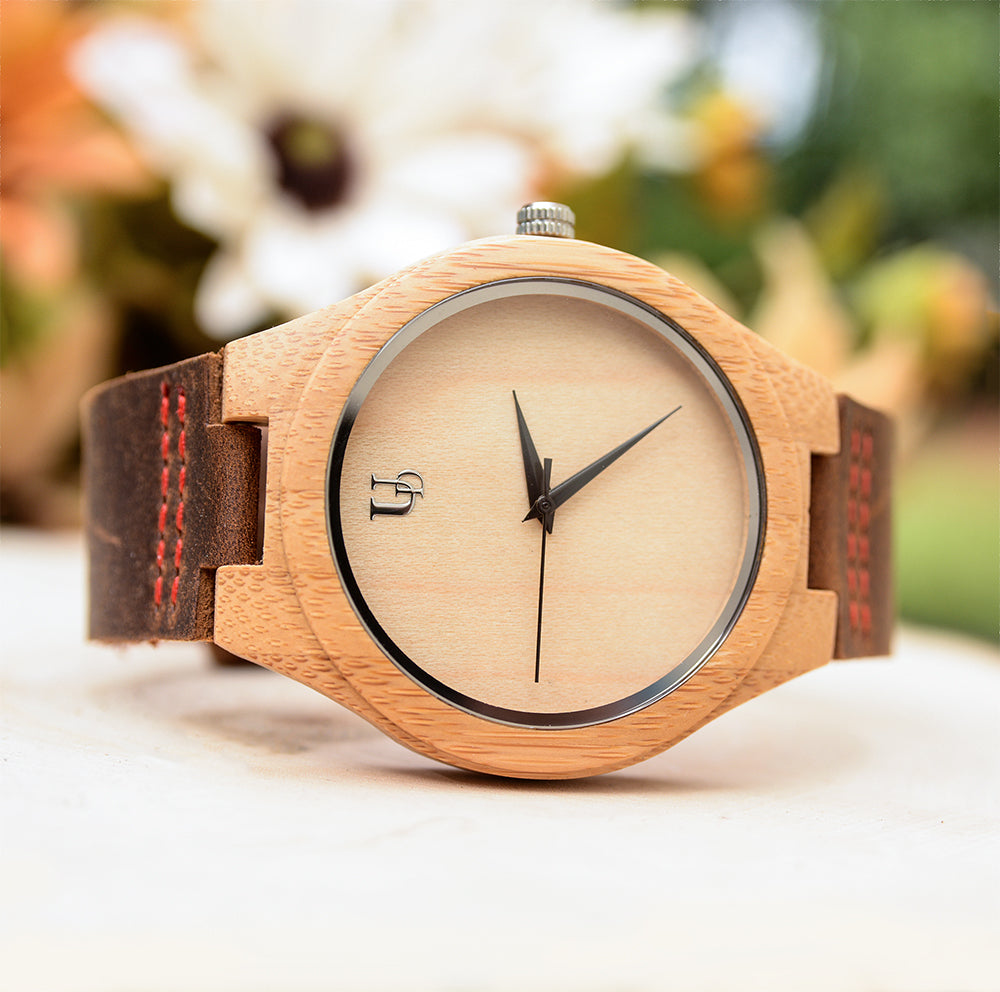 Minimalist Engraved Bamboo Watches Premium Leather Band