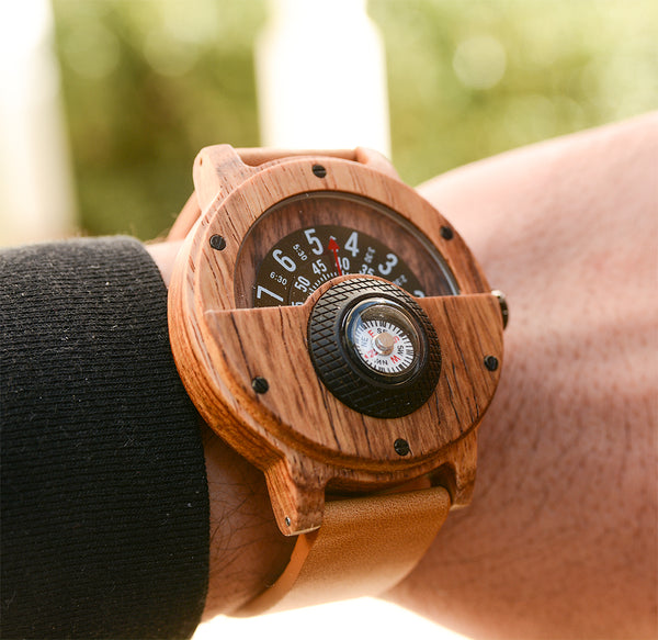UXD Handmade Compass Natural Wood Watch For Men With Leather Strap