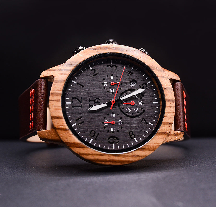 UXD Chronograph Zebra Wooden Watch Premium Leather Band