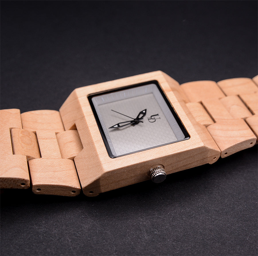 UXD Mens Minimalist Engraved Natural Wood Watch With Square Gray Face