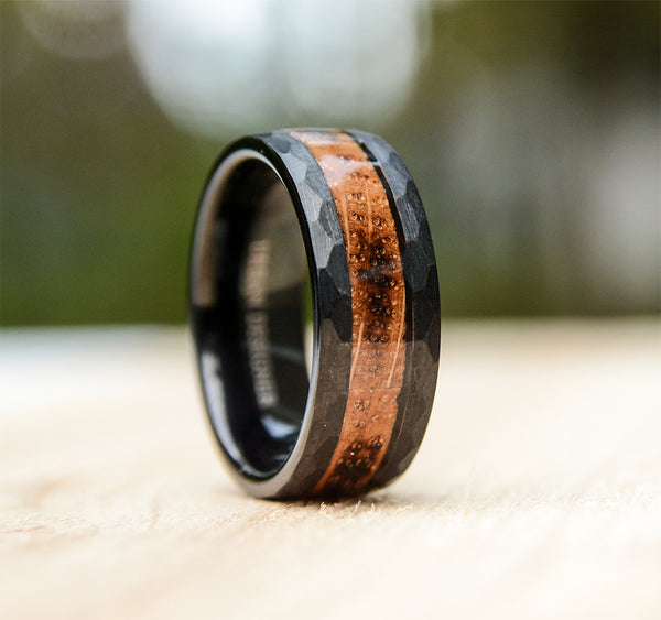 Wooden Wedding Rings Mens Tungsten Rings with Wood Inlay and Hammered ...
