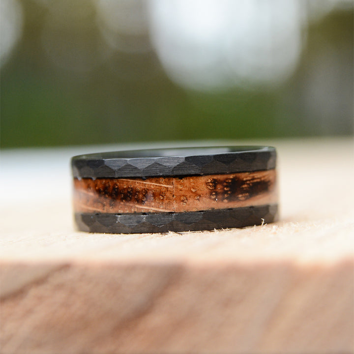 Dark Rings Texture Unique Wedding Rings for Men, Dark Tungsten Wood Rings with Hammered ...