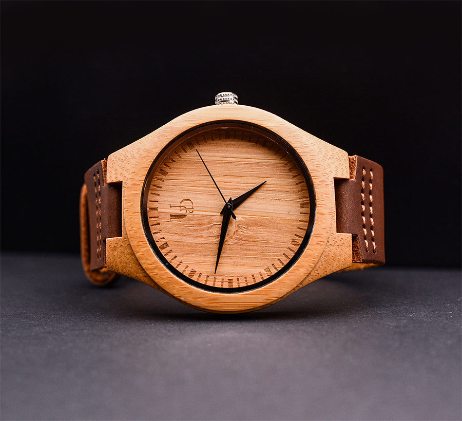 UXD Personalized Engraved Minimalist Bamboo Wood Face Watch Premium Leather Strap