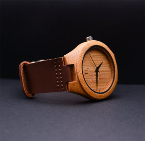 Wooden Watches Personalized Engraved Minimalist Bamboo Wood Face Watch with Premium Leather Strap