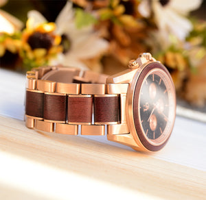 Rose Heart Chronograph Wood Watch With Marble Face