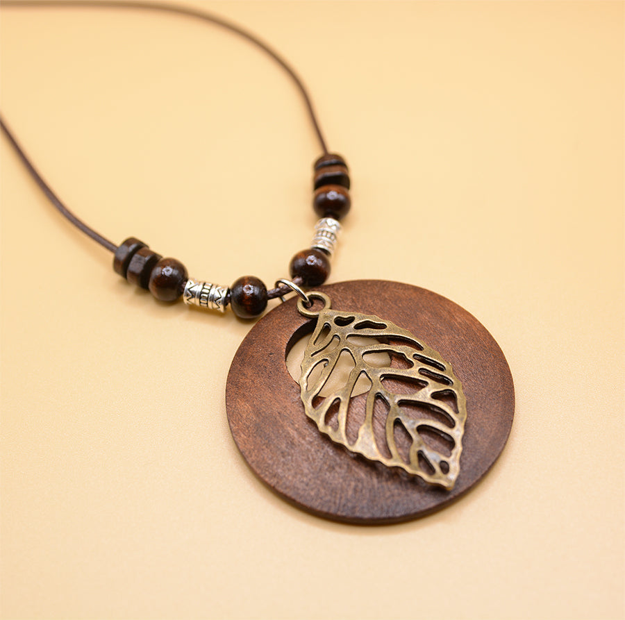 Brown Wooden Leaf Necklace Hippie Solid Wood Necklace Nature