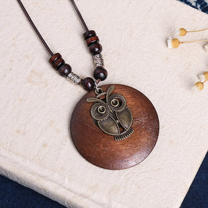 Wooden Pendant Necklace with Owl Charm Long Wax Rope Chain