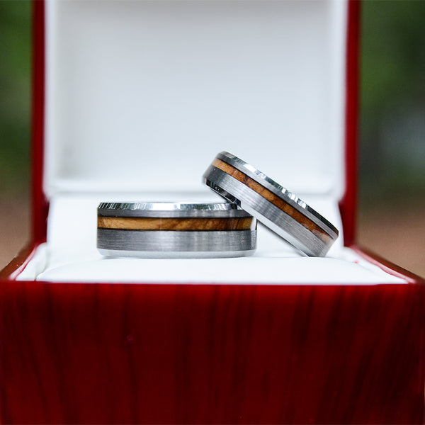 Match His and Hers Tungsten Rings With Olive Wood Inlay