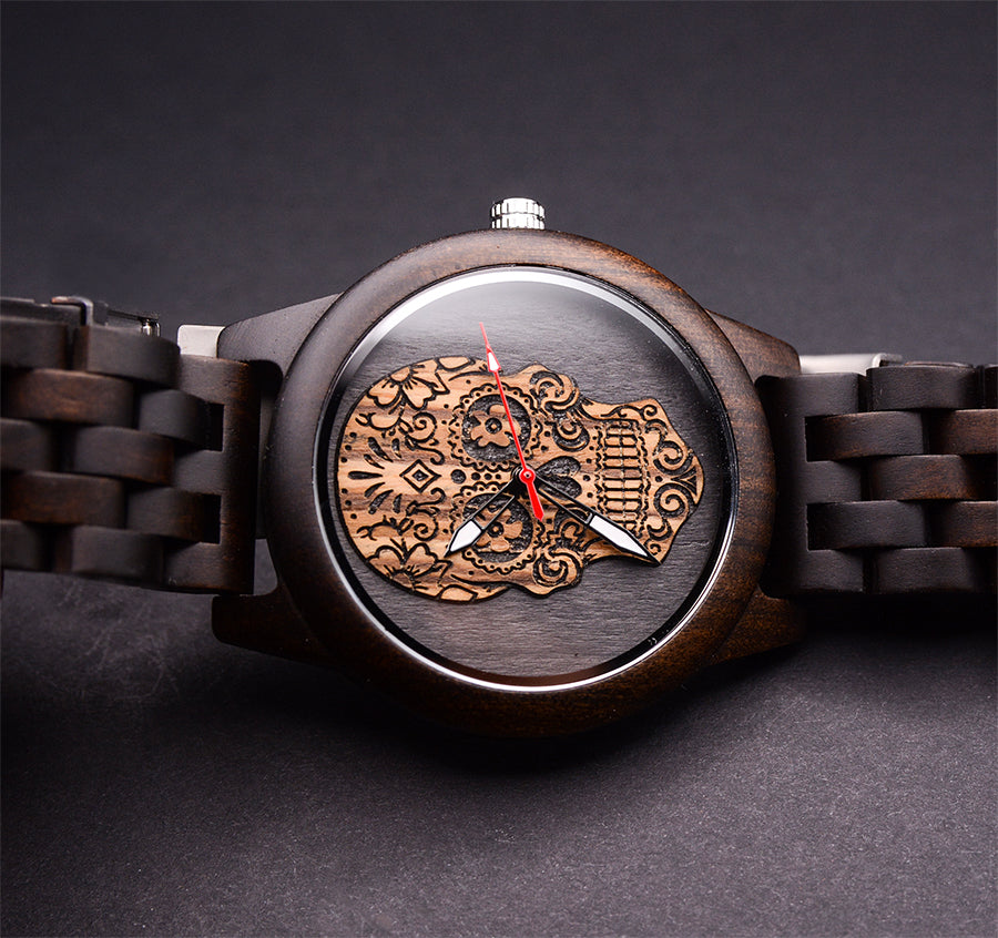 Mens Skeleton Watch, Round Wooden Watch With Skeleton Face, Wood
