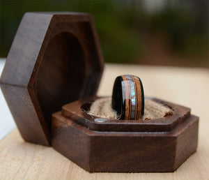 Abalone Shell and Wood Inlay Black Tungsten Wood Ring