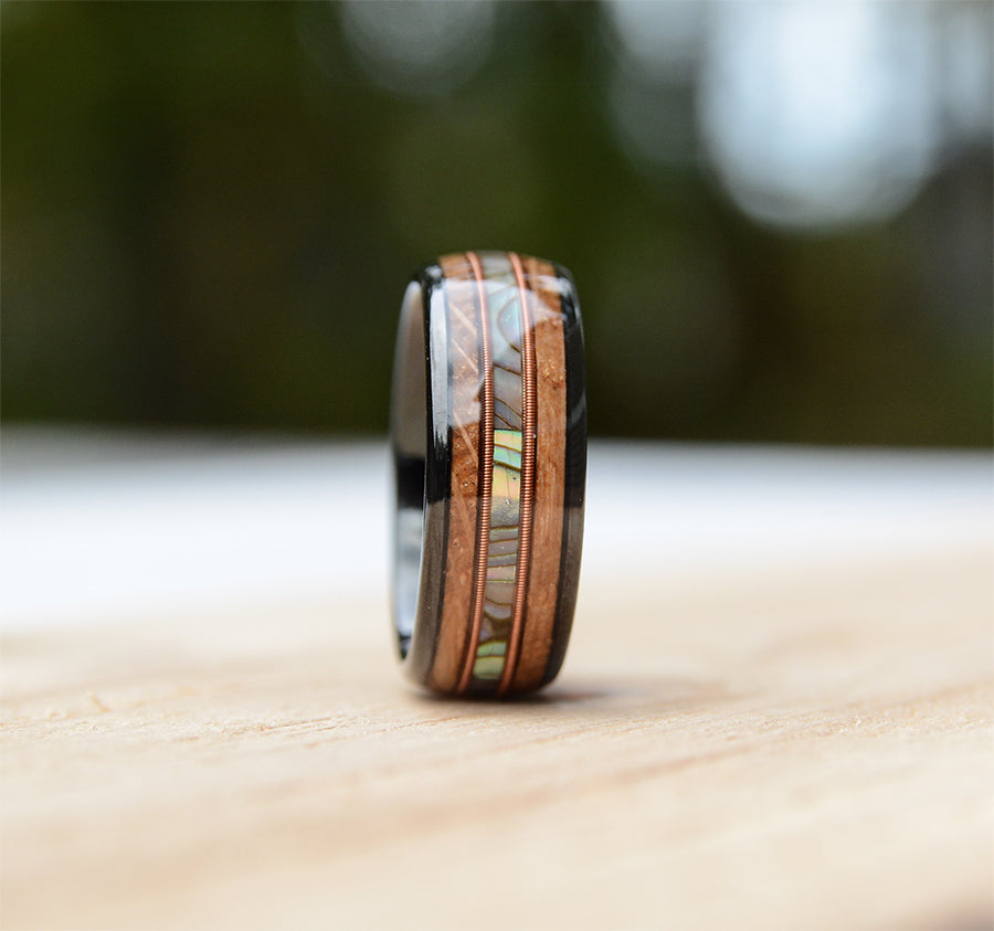 Abalone Shell and Wood Inlay Black Tungsten Wood Ring