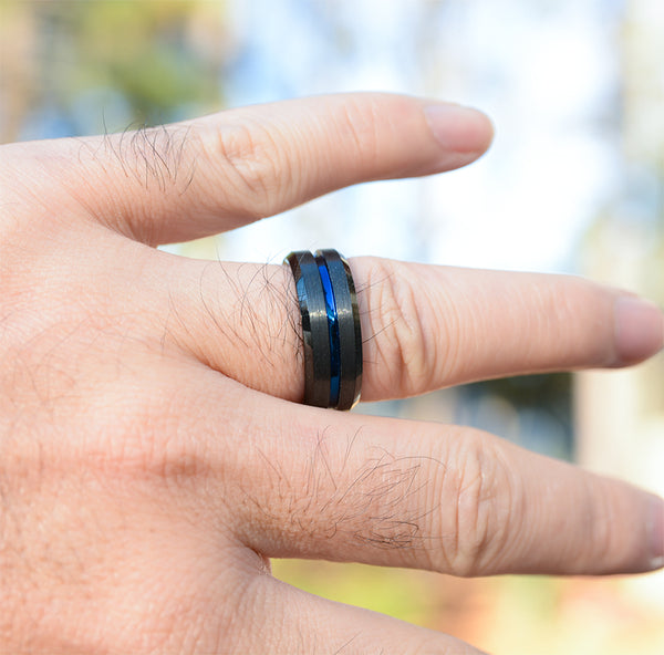 8mm Dark Tungsten Wedding Ring for Men with Striking Blue Accents