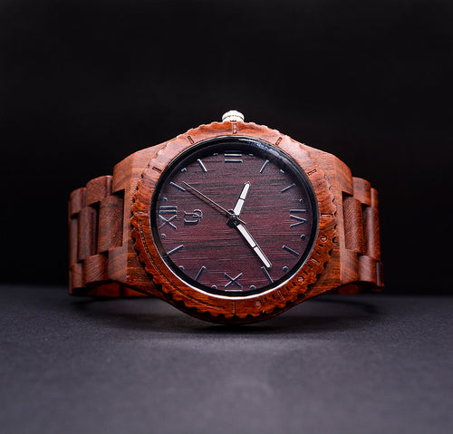 engraved wood watch for men with red wood