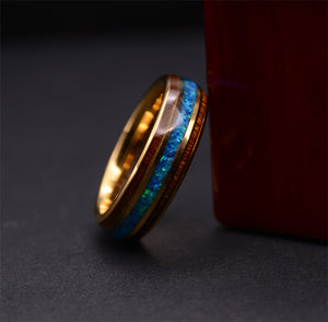 6mm Yellow Gold Tungsten Opal Ring With Koa Wood Inlay