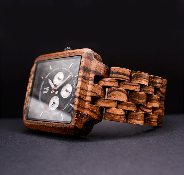 UD Personalized Chronograph Zebra Multi-Function Square Wood Watch for Men
