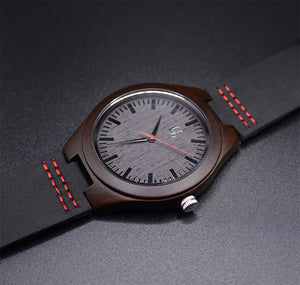 Elegant Engraved Black Wooden Watch with Genuine Leather Band
