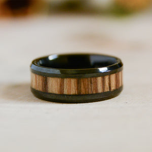 Urban Designer Wedding Band For Men Black Tungsten Carbide Ring Wood Inlay