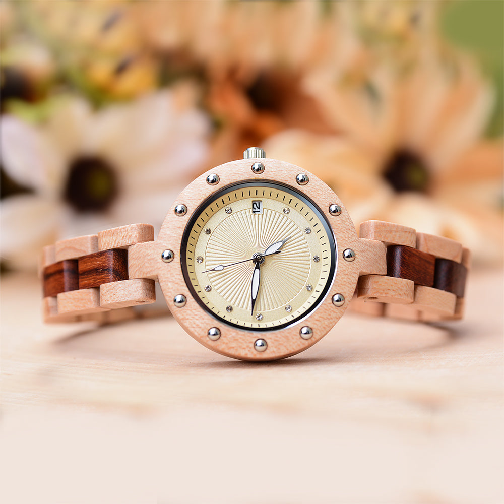 UD Round Womens Wooden Watch With Wood Band And Date Display – Urban ...