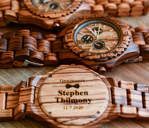 Groomsman Gifts - Engraved Multi Function Chronograph Zebra Round Wooden Watch For Groomsmen