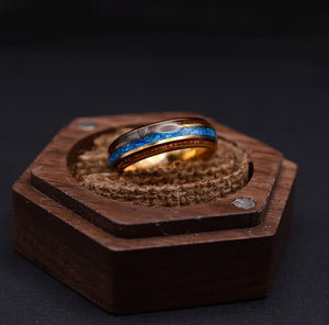 6mm Yellow Gold Tungsten Opal Ring With Koa Wood Inlay