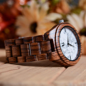 Zebra Round Wooden Watch With Real White Marble Stone Face