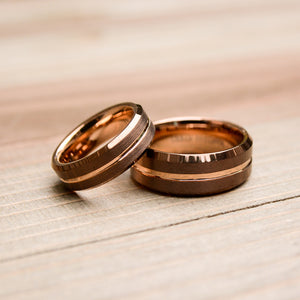 Wedding band set - coffee and rose gold tungsten rings