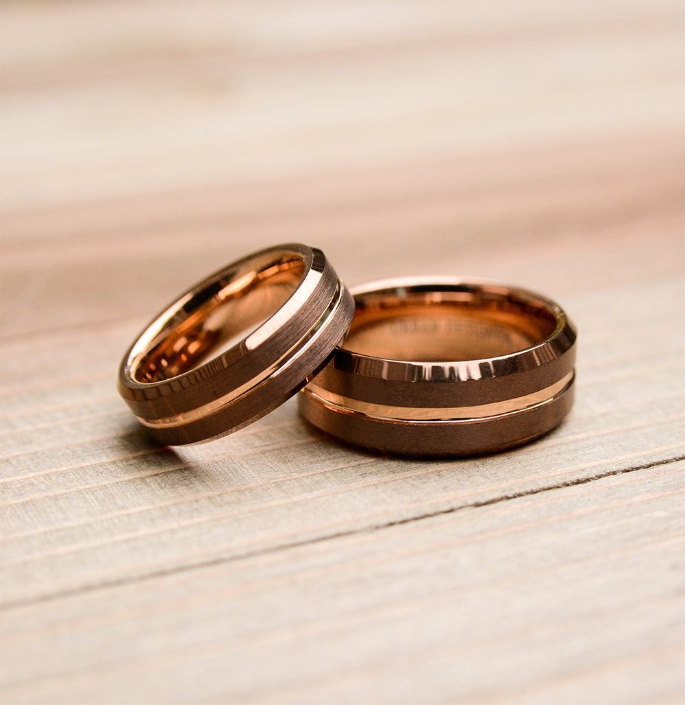 Wedding band set - coffee and rose gold tungsten rings