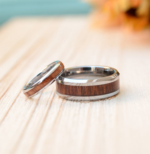 Match His and Hers Tungsten Rings With Koa Wood Inlay-Wood Wedding Band Set, Wedding Band Set, Wedding Ring Set