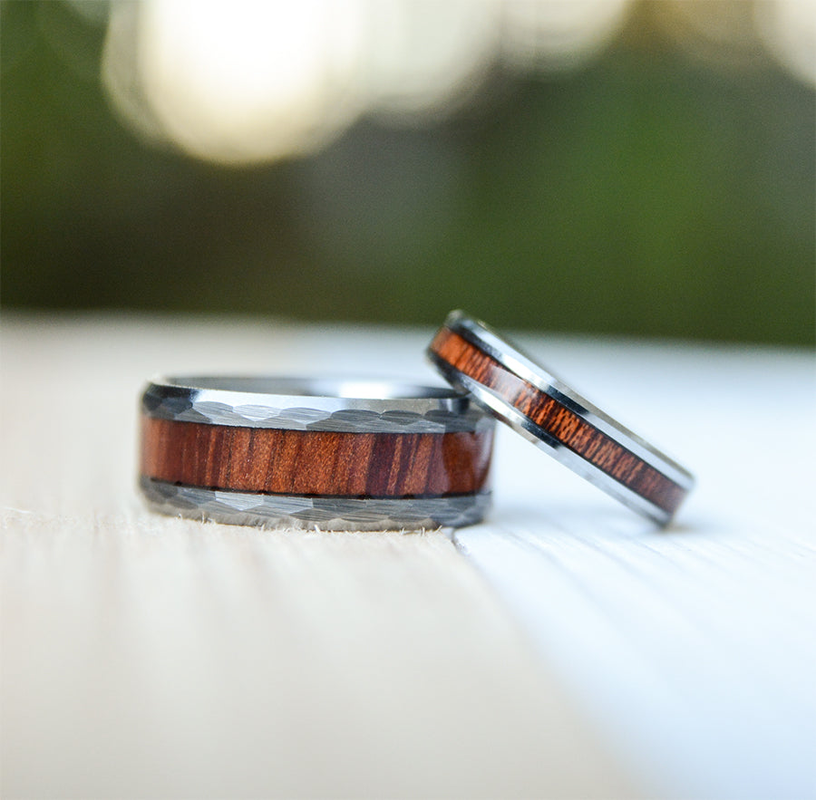 Wood Wedding Band Set His and Hers Tungsten Ring Set With Koa Wood Inlay And Hammered Texture