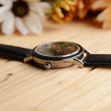 Minimalist stainless steel in silver dark wooden watch with black Leather band