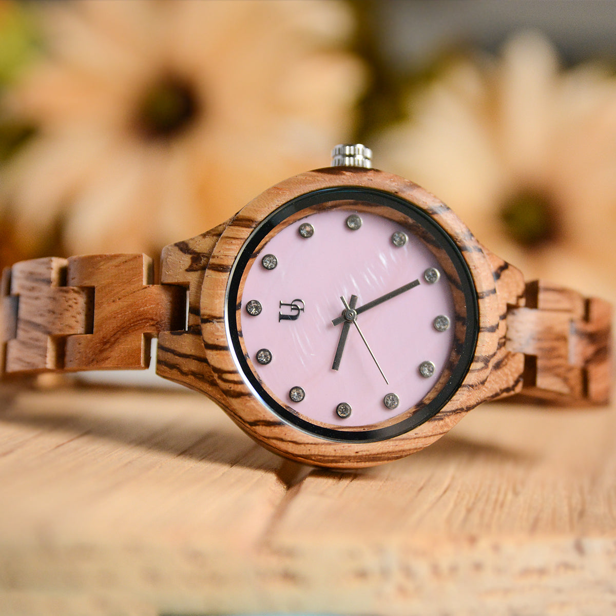 UD Classic Womens Zebra Round Wooden Watch With Pink Face and Wood Ban ...