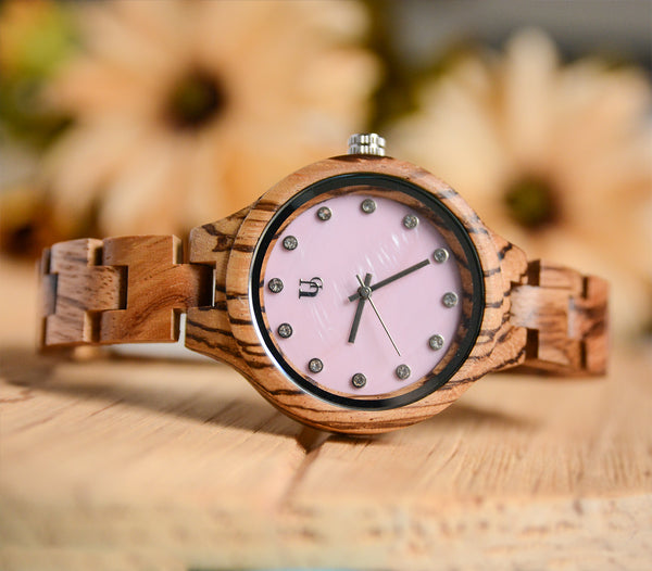 UD Classic Womens Zebra Round Wooden Watch With Pink Face and Wood Band