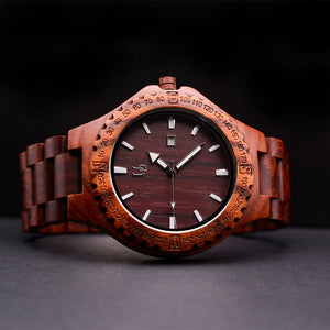Wood Watches For Men: Personalized/Engraved Red Round Sandal Wood Watch With Date Display