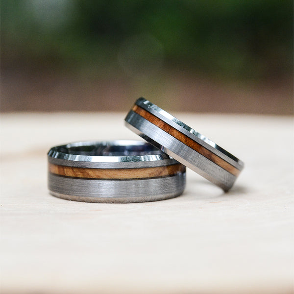 Match His and Hers Tungsten Rings With Olive Wood Inlay-Wood Wedding Band Set, Wedding Band Set, Wedding Ring Set