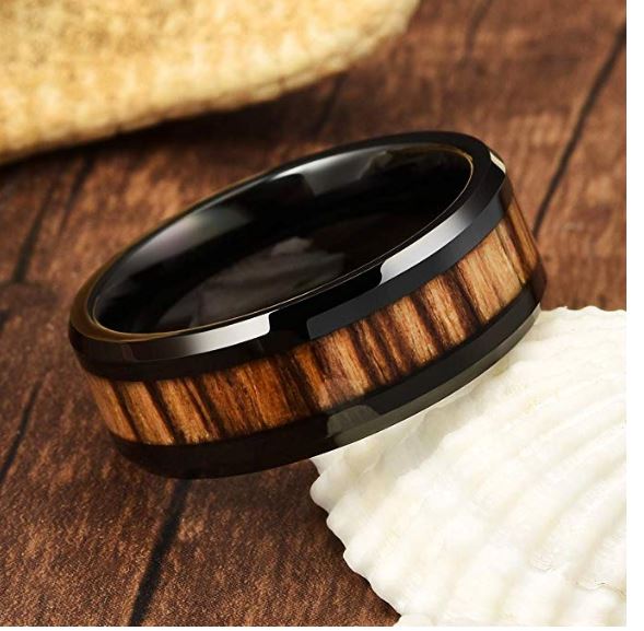 Mens Wedding Band Black Tungsten Carbide Ring Wood Inlay