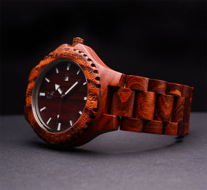 UXD Personalized/Engraved Red Round Sandal Wood Watch With Date Display