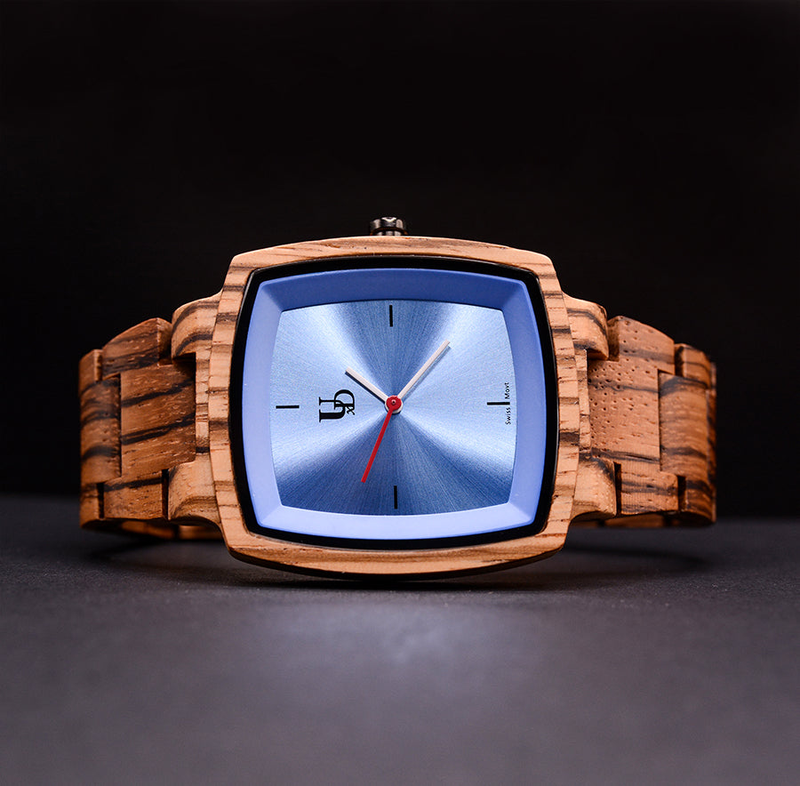 Classic Engraved Zebra Square Wood Watch Sapphire Face Swiss Watch