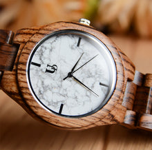 Zebra Round Wooden Watch With Real White Marble Stone Face