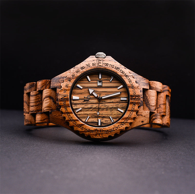 Elegant Personalized Engraved Exotic Zebra Round Wooden Watch Date Display