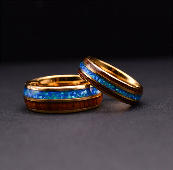 Match His and Hers Yellow Gold Tungsten Rings Opal Ring With Koa Wood Inlay