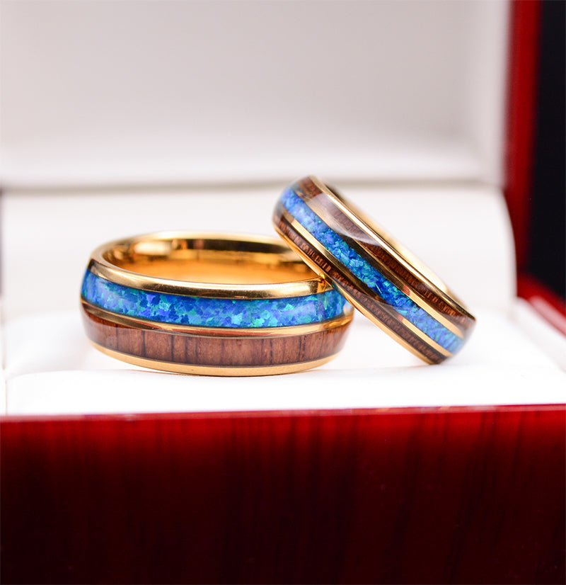 Match His and Hers Yellow Gold Tungsten Rings Opal Ring With Koa Wood Inlay